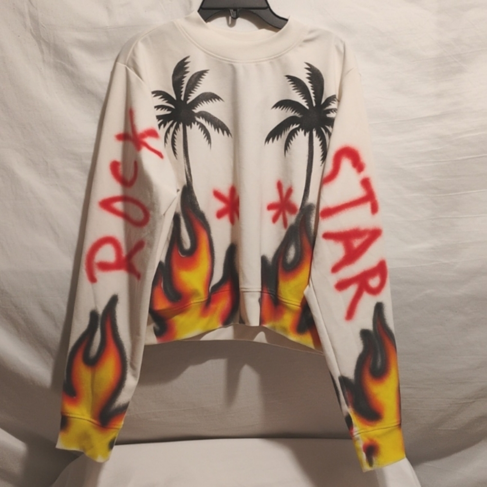 (D-10) SALE! RockStar Half Heart Crop Flames Palm Trees Print Sweater